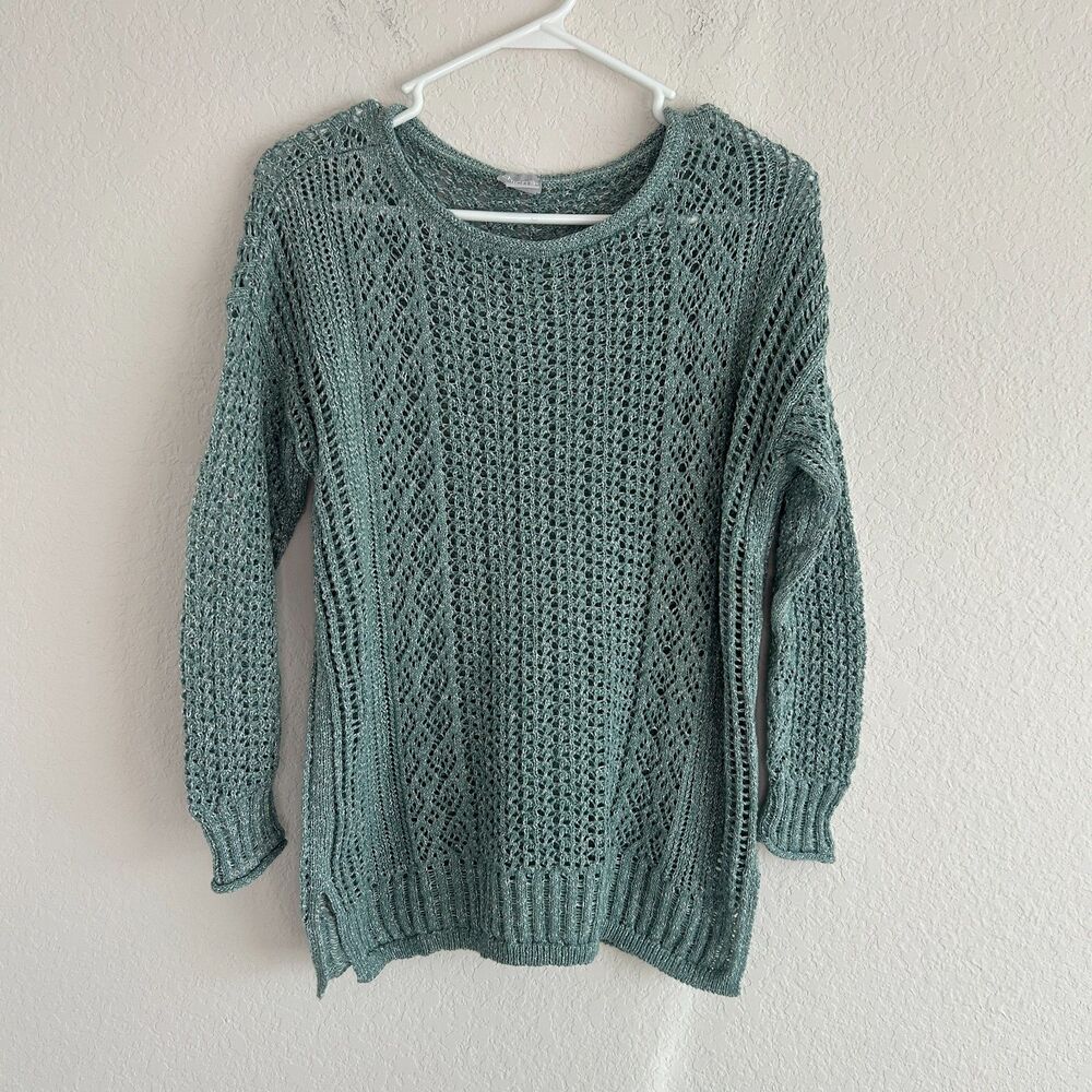 Chicos Open-Stitch Pullover Sweater Teal Sz 1 (M)